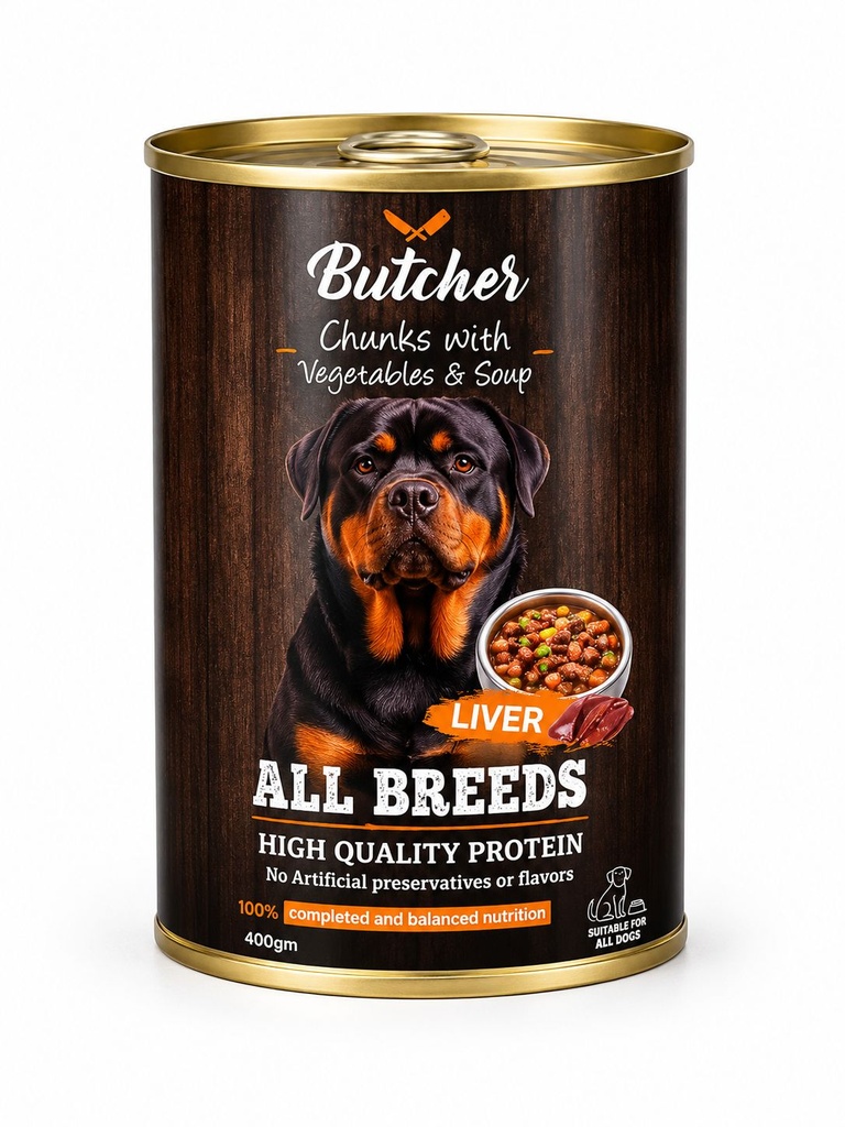 [2531] Wet Food Butcher dog  Butcher Can Food Chunks Vegs &Soup Adult Dog Liver  400 GM - 24 PCS / Packet