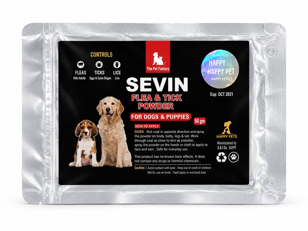 Happy Pets - Sevin - For Dogs & Puppy - Flea & Ttick Powder - 50 gm